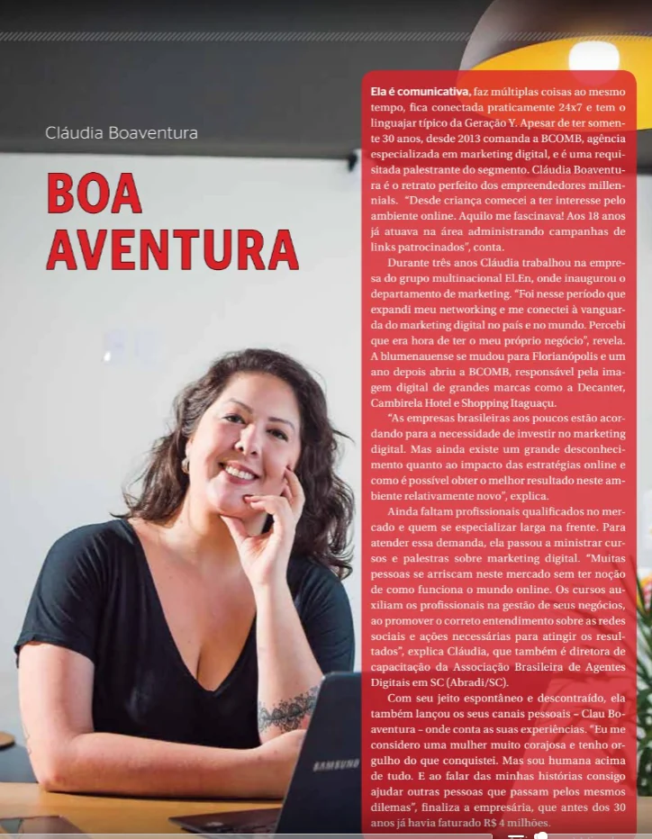 Página da revista Floripa É com o perfil Boa Aventura, sobre Cláudia Boaventura, e a foto dela sorrindo diante de um notebook