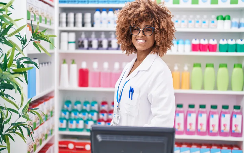 Farmacêutica de jaleco atendendo uma senhora de óculos no balcão, com as prateleiras de remédios ao fundo.