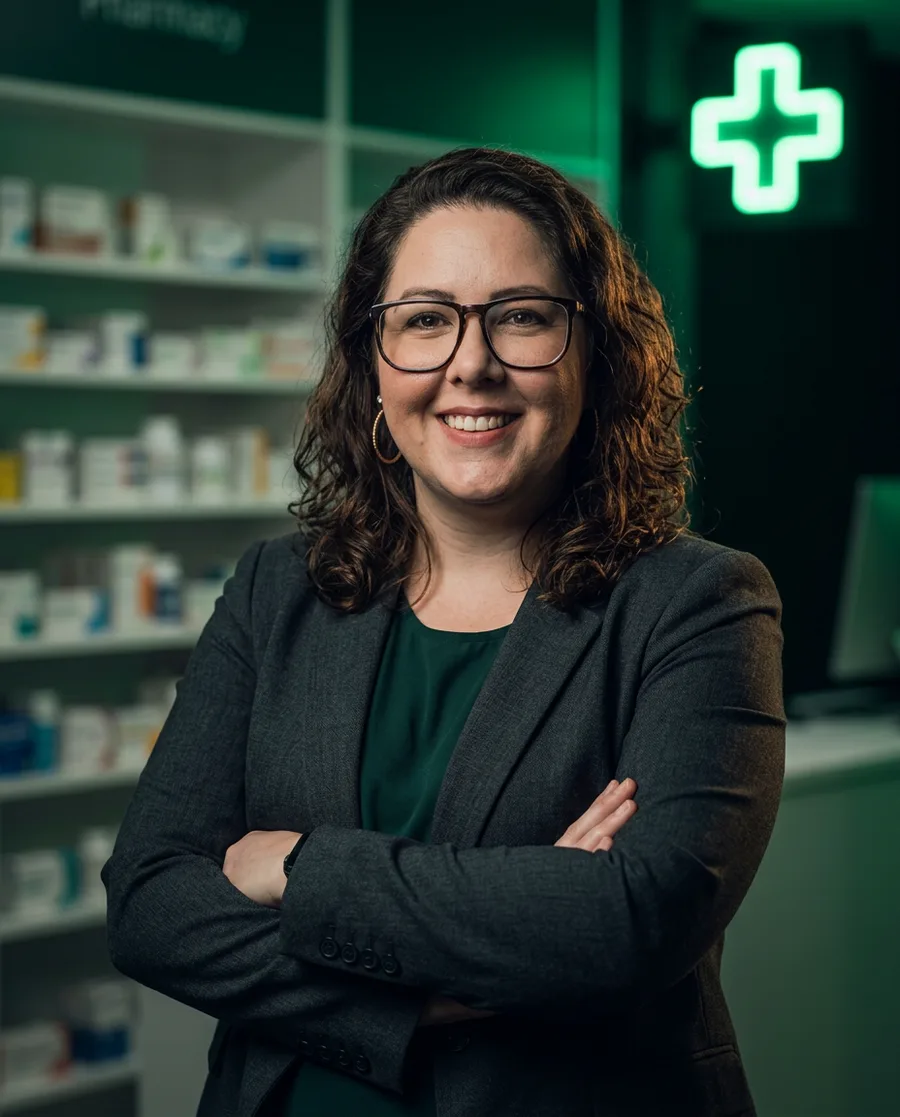 Clau Boaventura numa farmácia à noite, com a cruz verde ao fundo.