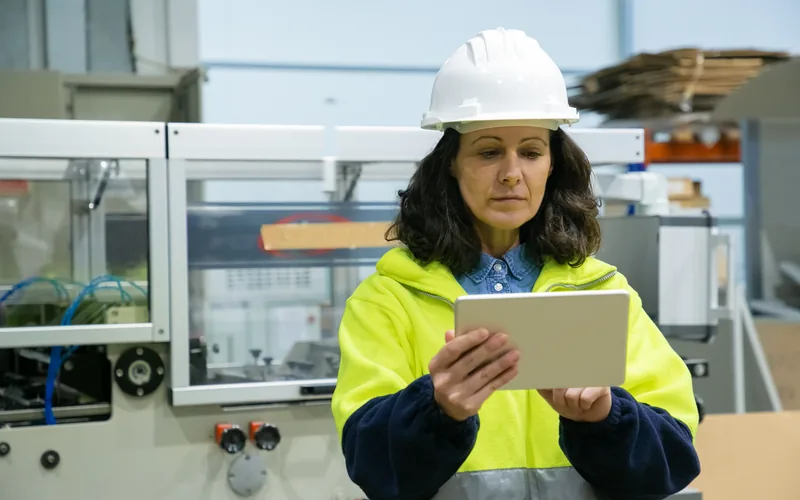 Técnica de capacete branco e jaqueta amarela conferindo a produção no tablet, numa fábrica clara e organizada.