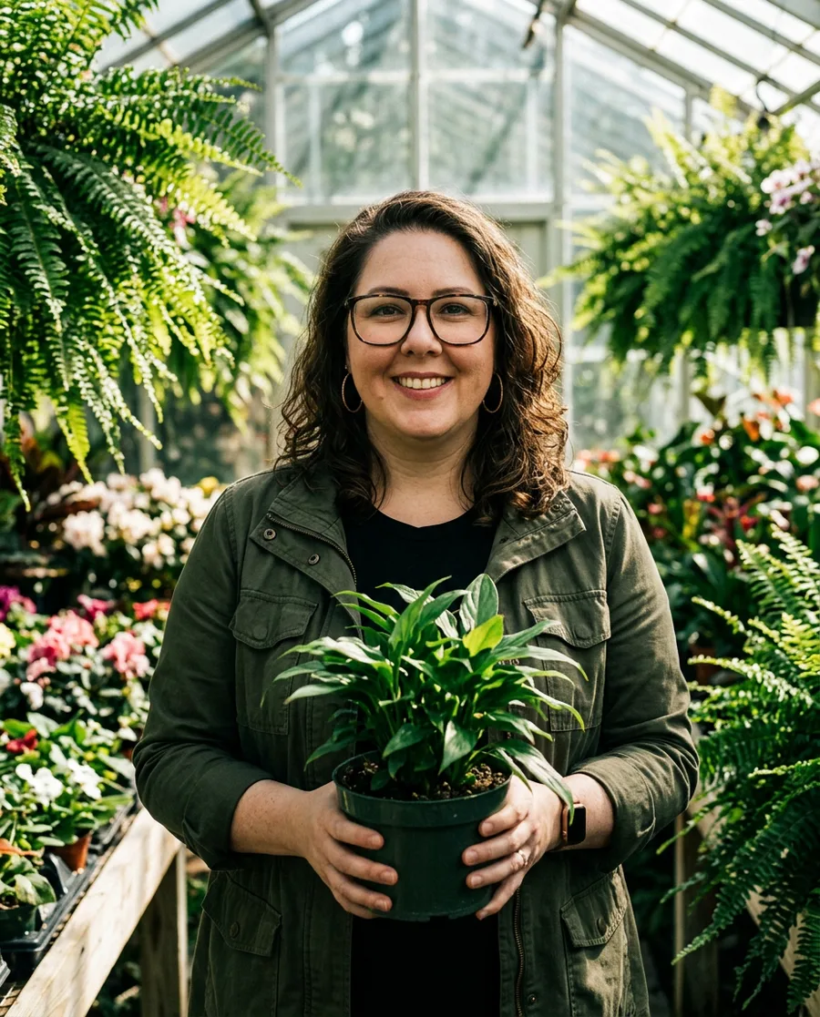 Clau Boaventura numa estufa de garden center, com um vaso de planta.