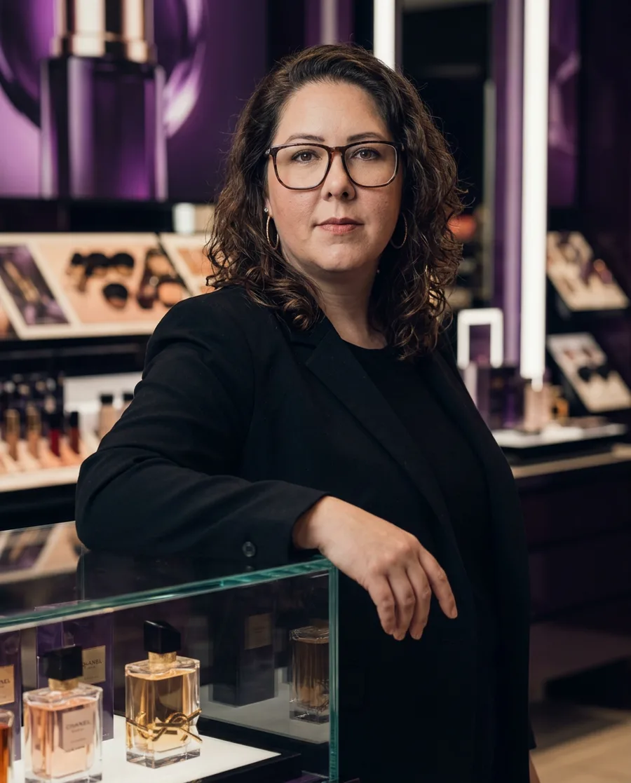 Clau Boaventura numa loja de cosméticos, apoiada na vitrine.