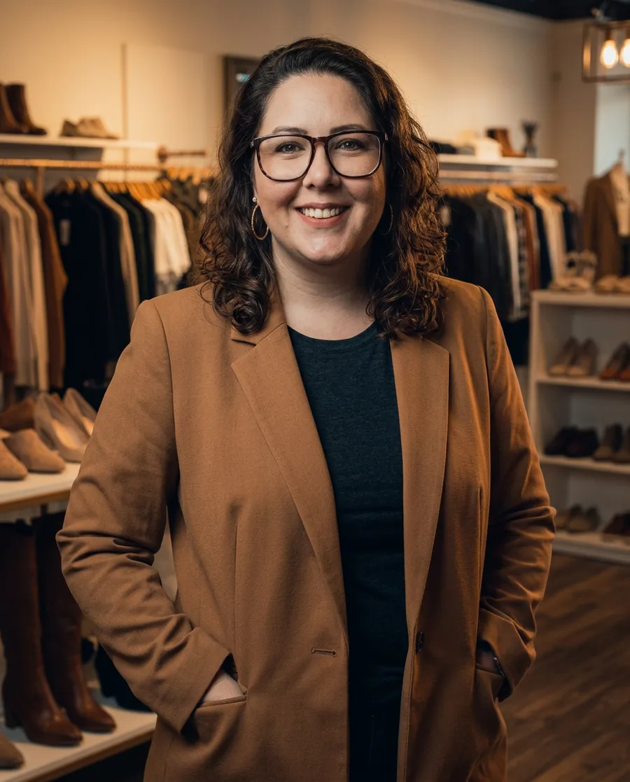 Clau Boaventura numa loja de roupas e calçados.